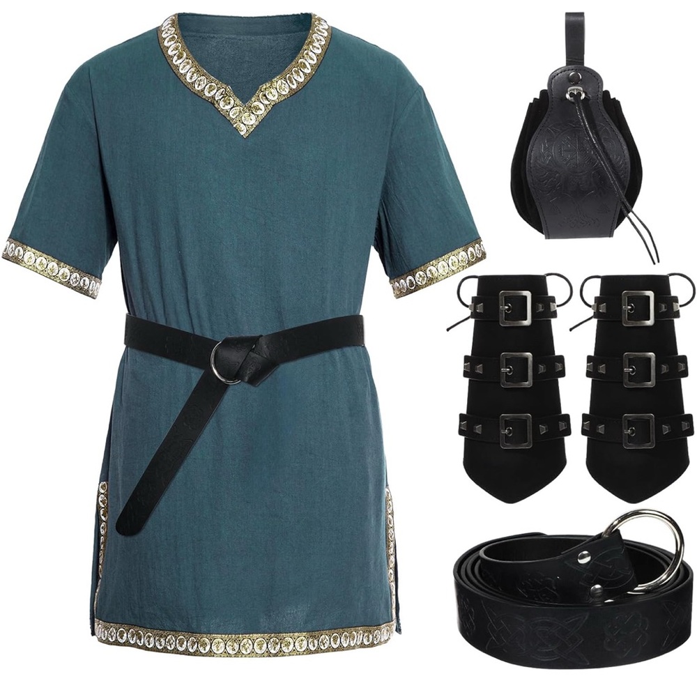 5Pcs Mens Medieval Costume Halloween Cosplay Renaissance Tunic Knight Shirt Long